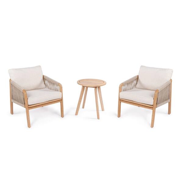 JONATHAN Y Aveiro 3-Piece Modern Bohemian Roped Acacia Wood Conversation Outdoor Patio Set, Beige/Light Teak Cushions