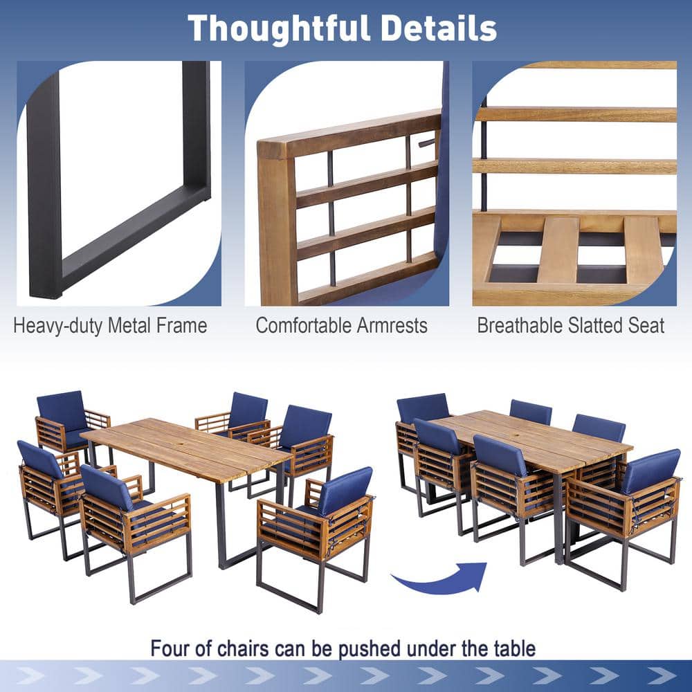 7-Piece Acacia Wood and Metal Outdoor Dining Set with Navy Cushions