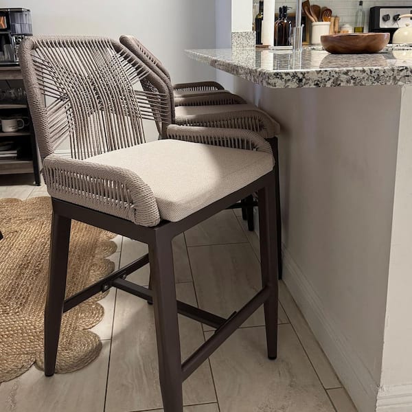 Modern Aluminum Woven Rattan Counter Height Outdoor Bar Stool Chairs with Back, Coffee(2-Pack)