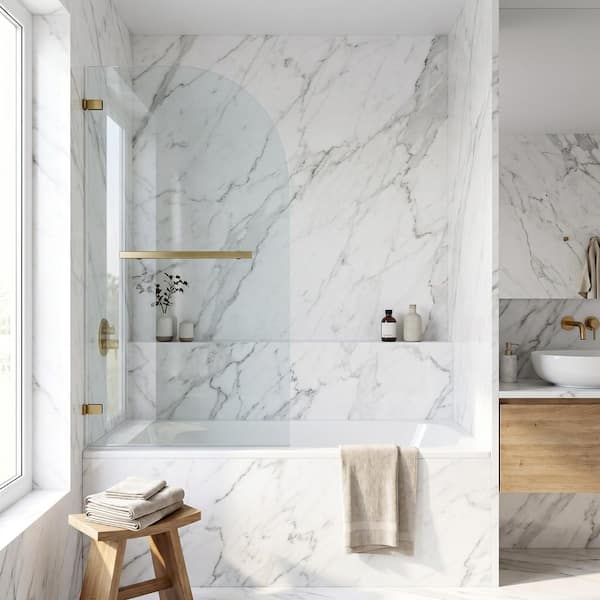 Orion 34 in. W x 58 in. H Pivot Frameless Tub Door in Matte Brushed Gold with 5/16 in. (8mm) Clear Glass