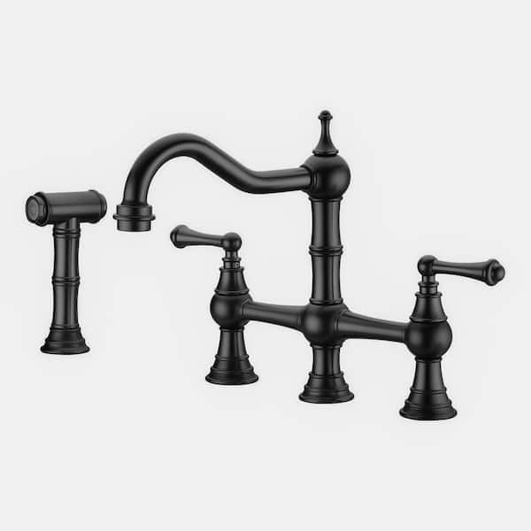 Double Handle Bridge Kitchen Faucet in Matte Black with Pull-Out Side Spray