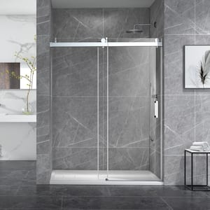 60 in. W x 76 in. H Single Sliding Frameless Shower Door in Brushed Nicke Finish with Buffer