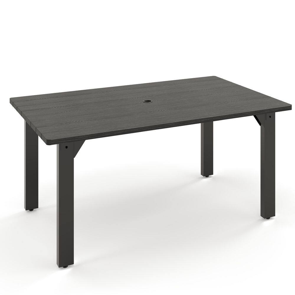 60 in. Rectangular Metal Patio Outdoor Dining Table with Umbrella Hole, Dark Grey