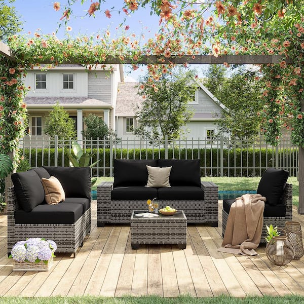 Sizzim Gray 6-Pieces Rattan Wicker Steel Patio Outdoor Sectional Set with Black Cushions, Coffee Table and Cover