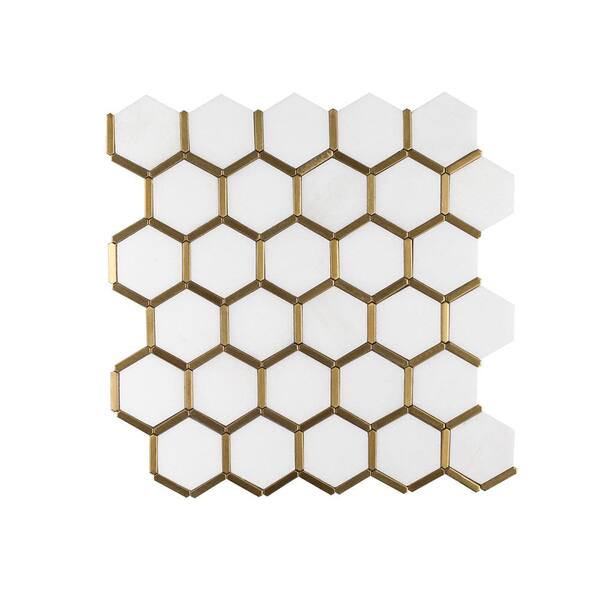 Jeffrey Court Karats White 10.625 in. x 11.125 in. Hexagon Polished Marble/Gold Metal Floor and Wall Mosaic Tile (0.820 sq. ft./Each)