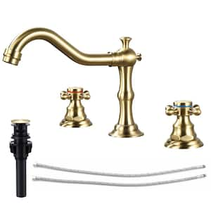 Double Handles 8 in. Widespread Bathroom Faucet 3-Hole Waterfall Bathroom Sink Faucet with Pop-Up Drain in Brushed Gold