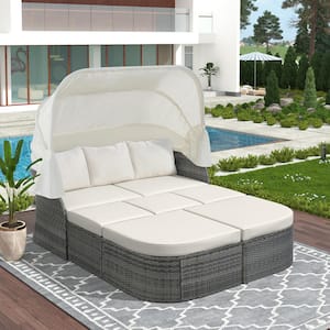 Gray PE Rattan Wicker Outdoor Patio Day Bed Set with 1 Sofa, 5 Ottomans, Retractable Canopy and Beige Cushion