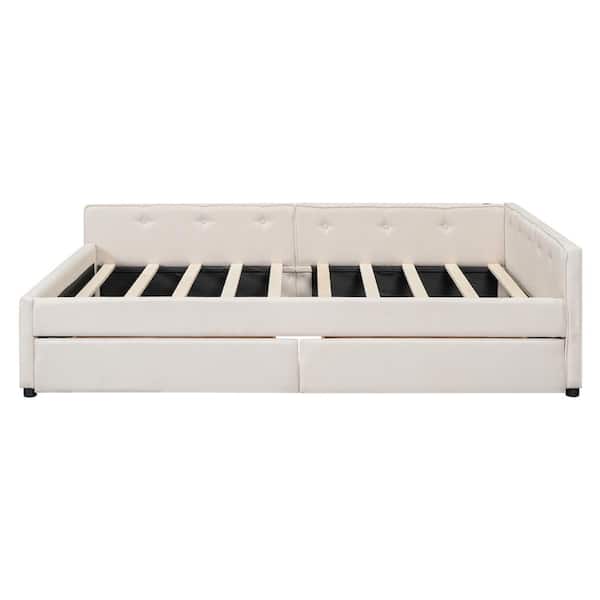 Qualler Beige Wood Frame Queen Size Platform Bed with USB Port and 2 Drawers