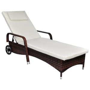 powder-coated Metal frame Outdoor Patio Chaise Lounger with White Cushion and Wheels Poly Rattan
