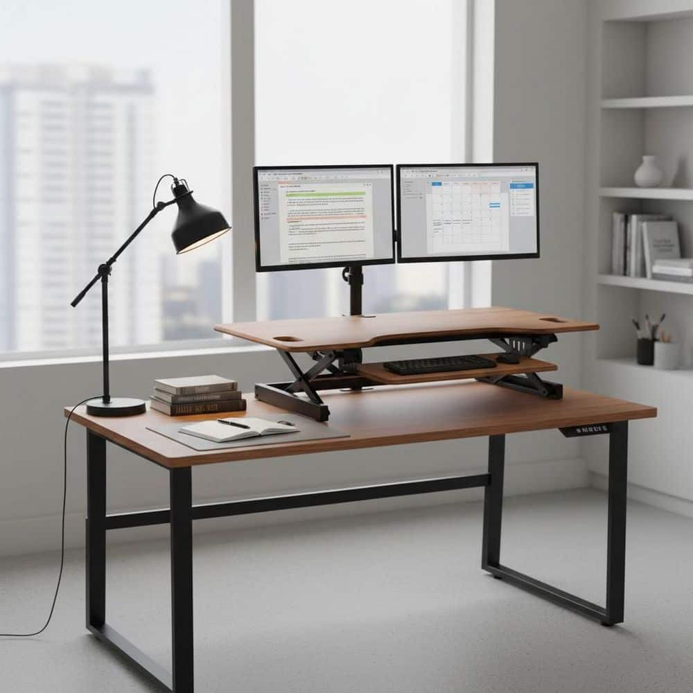 ROCELCO 46 in. W Beige Height Adjustable Standing Desk Dual Monitor ...