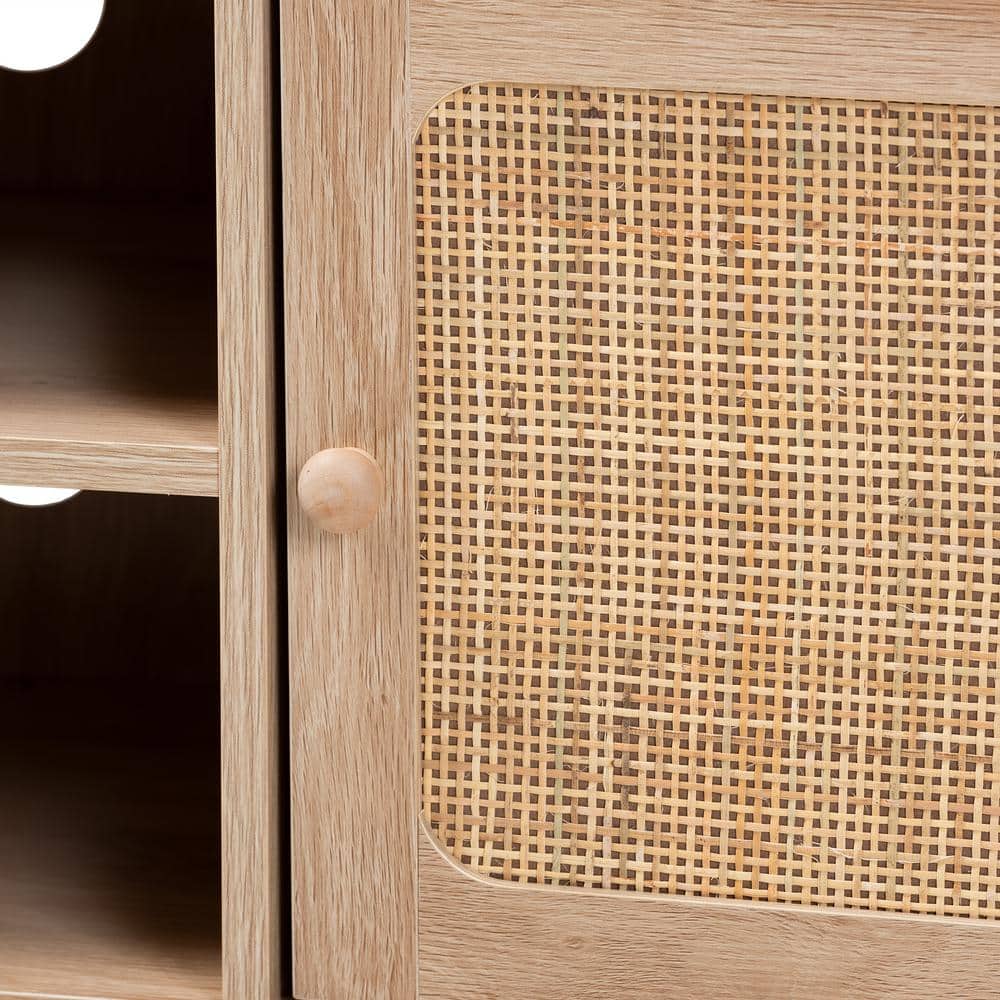 Elsbeth Light Brown Wood and Natural Rattan TV Stand with Cabinet