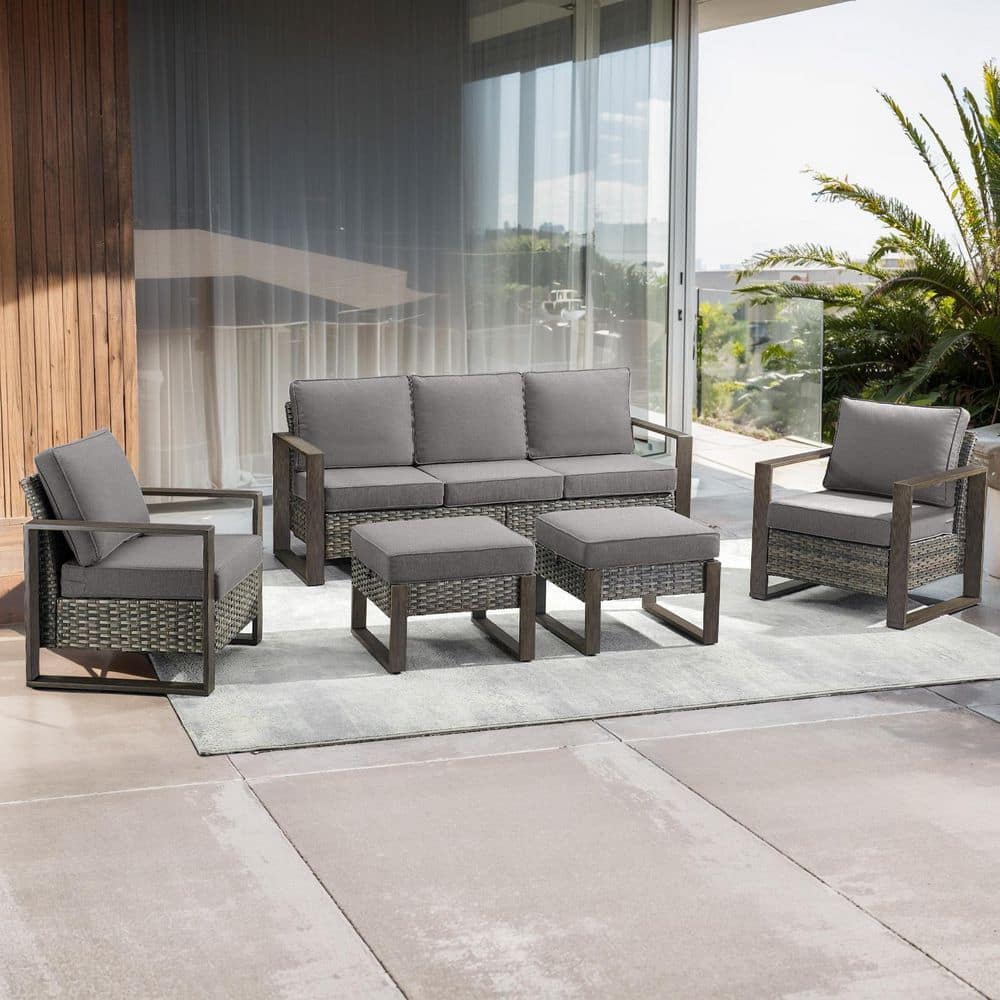 Metal Wood 5-Piece Gray Wicker Patio Conversation Set with Armchairs and 4.5 in. Olefin Gray Cushions price history on PriceWatchPro