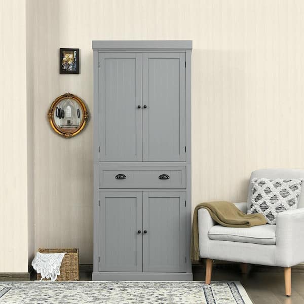 Gray Wooden 30 in. Kitchen Pantry Cabinet Cupboard Freestanding with Shelves
