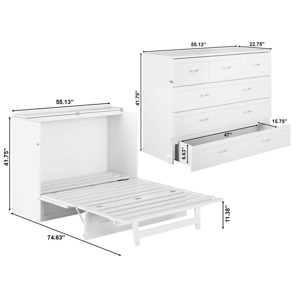 White Wood Frame Full Murphy Bed Chest with Storage Drawer