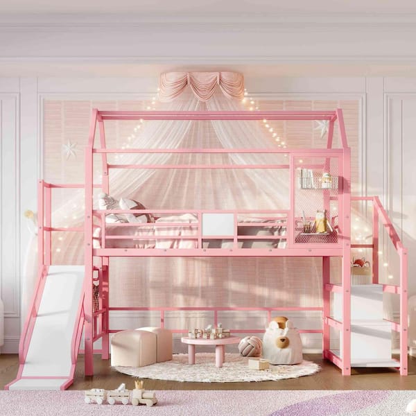 Pink Twin Metal Loft Bed with Slide, Stairs and Storage Shelves