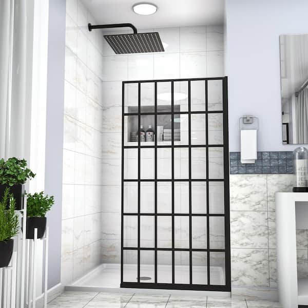 Unbranded 34 in. W x 72 in. H Fixed Frameless Shower Door in Matte Black Finish with Tempered Glass