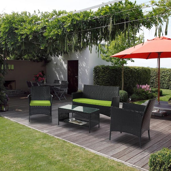 Tunearary Garden 4-Piece Black Wicker Outdoor Conversation Set with Green Cushions