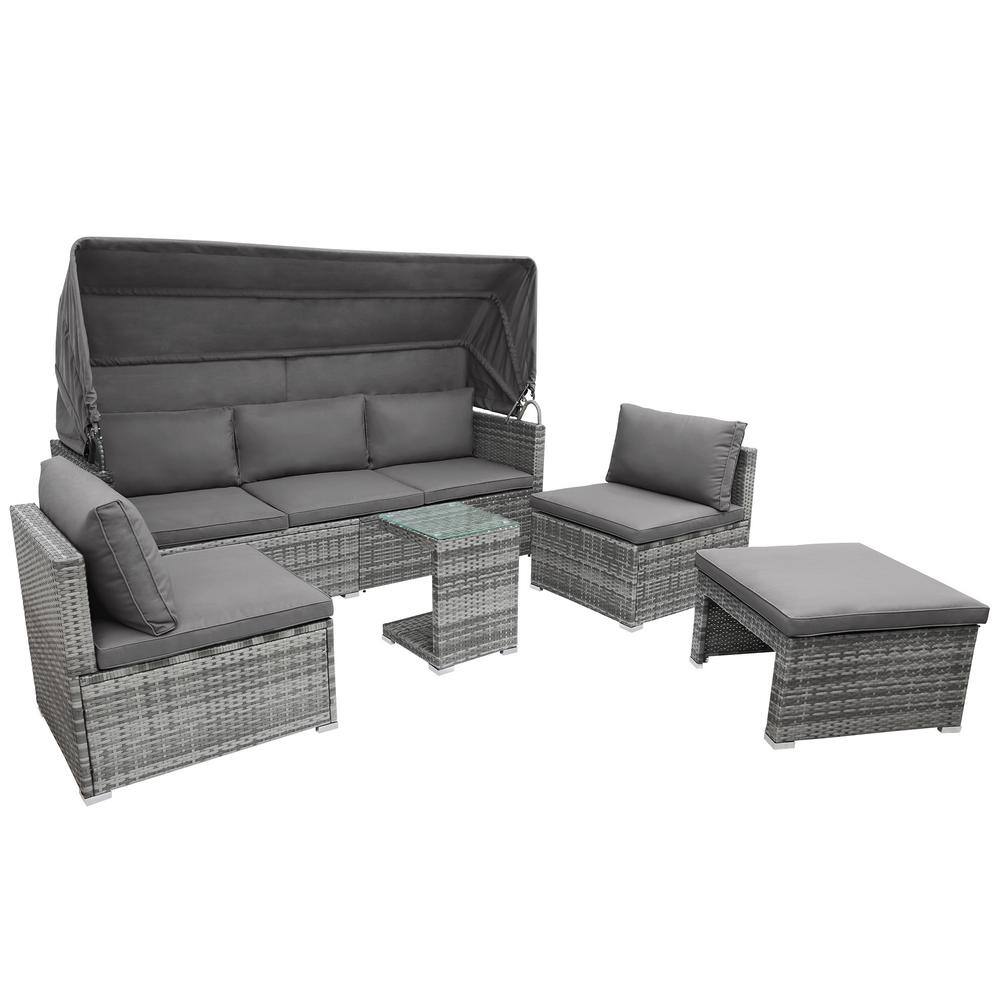 5-Piece Gray PE Rattan Wicker Outdoor Sectional Sofa Set Daybed with Canopy, Gray Cushions and Side Table for Patio price history on PriceWatchPro