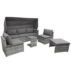 5-Piece Gray PE Rattan Wicker Outdoor Sectional Sofa Set Daybed with Canopy, Gray Cushions and Side Table for Patio