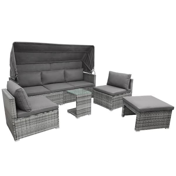 Zeus & Ruta 5-Piece Gray PE Rattan Wicker Outdoor Sectional Sofa Set Daybed with Canopy, Gray Cushions and Side Table for Patio