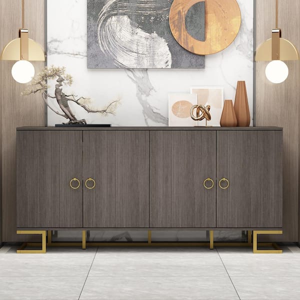 FUFU&GAGA Brown Dark Gray Wood Accent Storage Cabinet, Chest of Drawers, Sideboard with 4 Doors and 4 Shelves