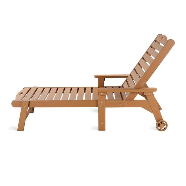 Oversized Plastic Outdoor Chaise Lounge Chair with Wheels and Adjustable Backrest for Poolside (set of 2)-Teak Brown
