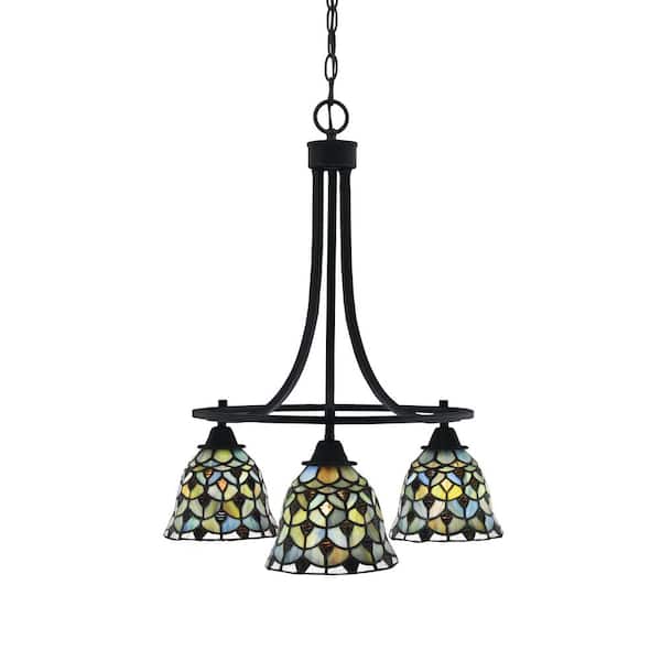 Unbranded Madison 3-Light Matte Black Round Chandelier with 7 in. Earth Star Art Glass Shades, No bulbs included