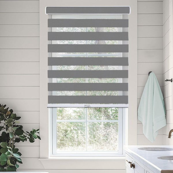 Cordless Light Filtering Dual Layer Polyester Zebra Roller Window Shade, Basic Slate 34 in. W x 72 in. L