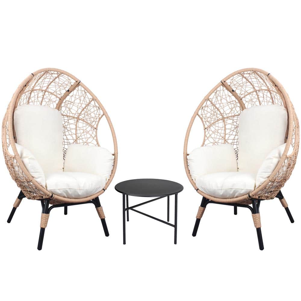 3-Piece Wicker Patio Conversation Set, Patio Egg Chairs with Side Table Set