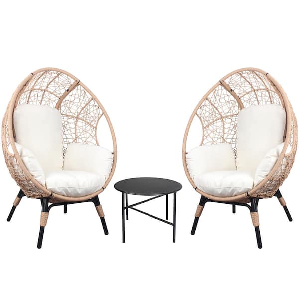 Unbranded 3-Piece Wicker Patio Conversation Set, Patio Egg Chairs with Side Table Set, Natural Color PE Rattan and Beige Cushions