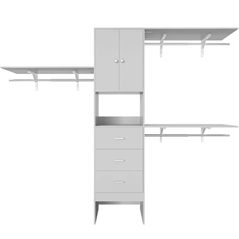 58 in. W - 96 in. W Grey Tower Wall Mount 5-Shelf Wood Closet System With Doors 3 Enclosed Drawers 3 Hanging Rods