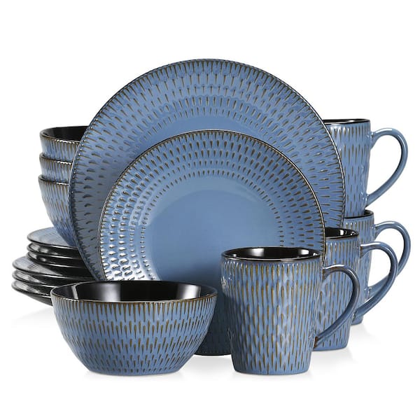 MALACASA Pluvo 16-Piece Dark Blue Stoneware Dinnerware Set (Service for 4)