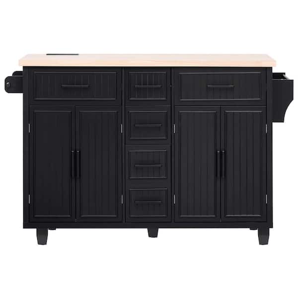 Black Rubber Wood Kitchen Cart with 4 Doors, 5 Deep Drawers and Adjustable Shelves