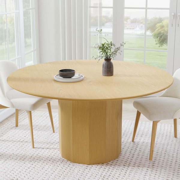 Cylindrical Natural Colored Wood 60 in. Column Base Round Edge Dining Table for 8
