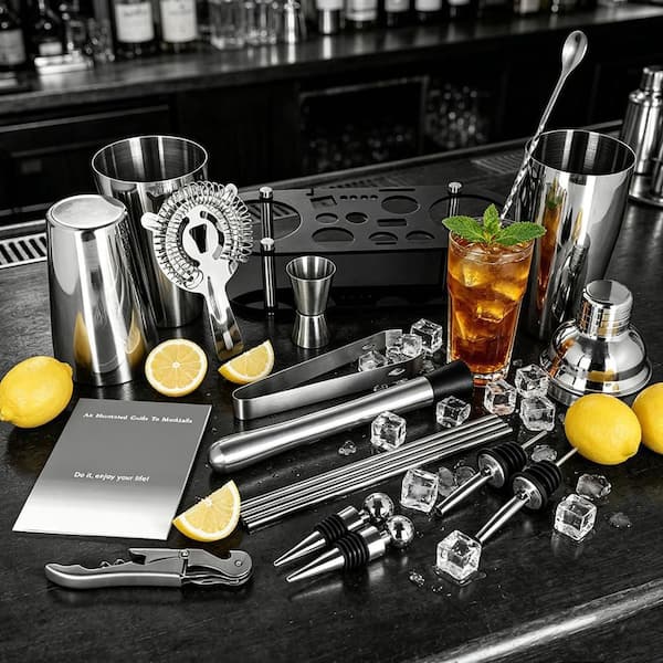 Anqtovp 17-Piece Black Stainless Steel Cocktail Shaker Set with Acrylic Stand and Recipe Book