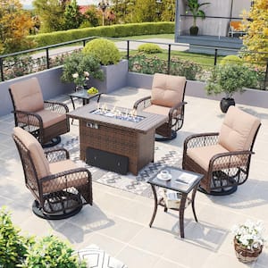 7 Piece Wicker Outdoor Patio Fire Pit Set, Swivel Rocking Chairs Set with Beige Cushions, Coffee Table and Firepit Table