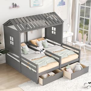 Gray Wood Frame Twin Size Platform Bed with Two Drawers for Boy and Girl, Combination of 2 Side by Side Twin Size Beds