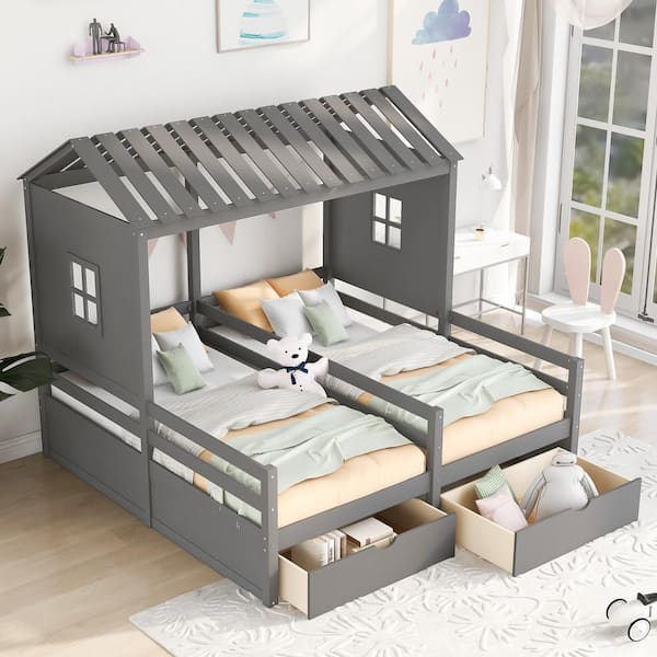 Polibi Gray Wood Frame Twin Size Platform Bed with Two Drawers for Boy and Girl, Combination of 2 Side by Side Twin Size Beds