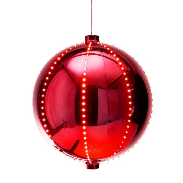 Alpine Corporation 13 in. Tall Large Hanging Christmas Ball Ornament with LED Lights, Red