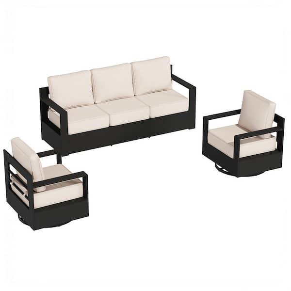 3-Piece Black Aluminum Outdoor Furniture Set Swivel Patio Conversation Set with Beige Cushions
