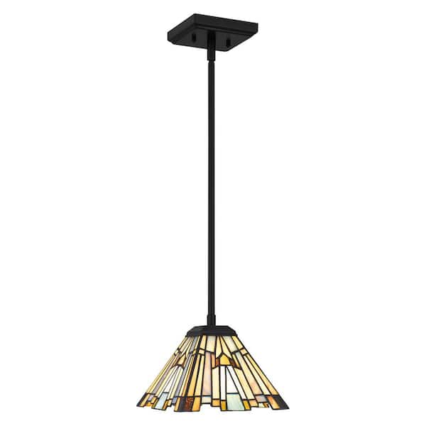 Home Decorators Collection Waterville 1-Light Matte Black Mini Pendant with Tiffany Glass Shade