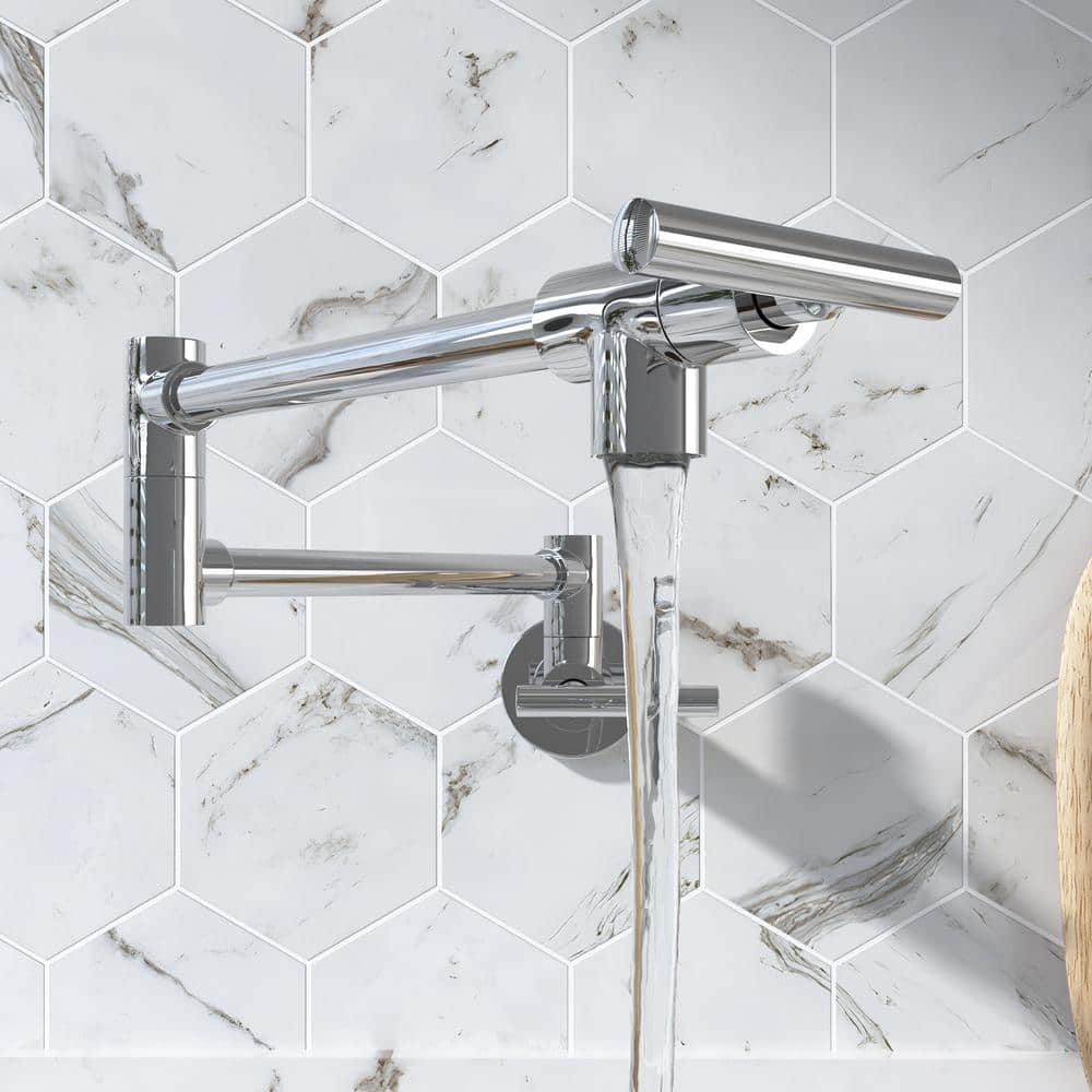 Polished Chrome Wall-Mounted Pot Filler Faucet with Double Joint Swing Arm