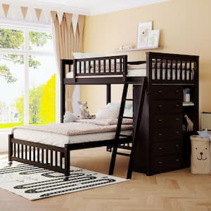 Espresso Twin Over Full Bunk Bed with 6-Drawers, Flexible Shelves, Movable Bottom Bed With Wheels