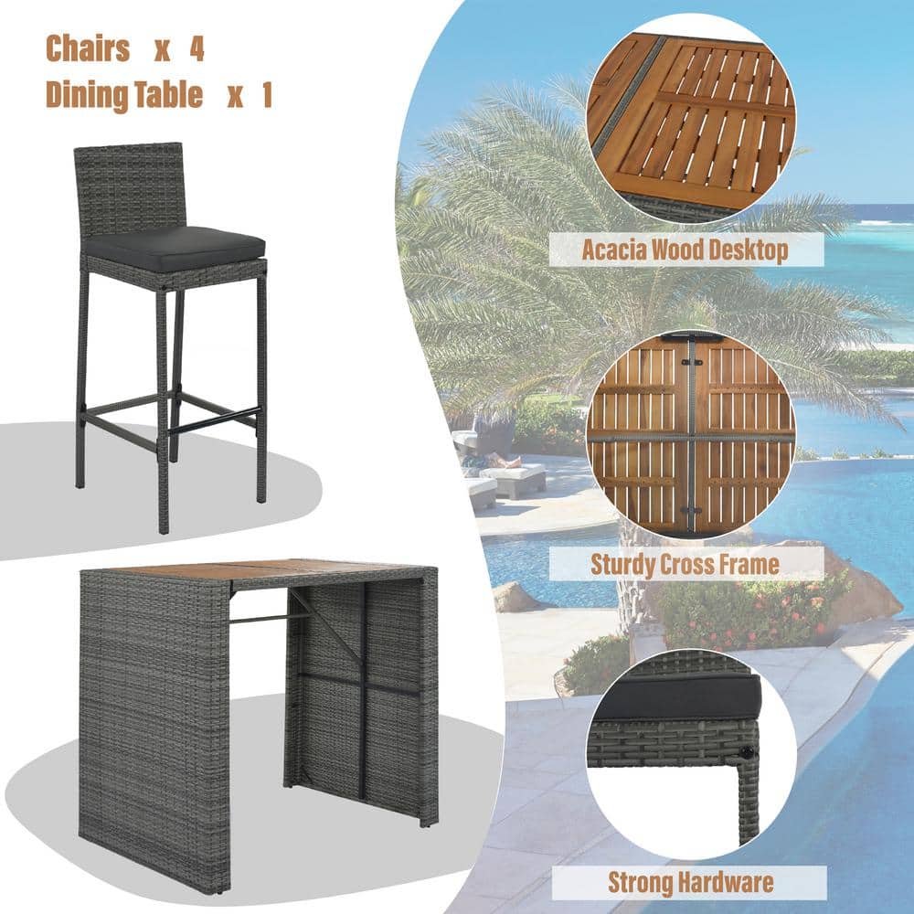 Gray 5-Piece Steel and Wood Bar Height Outdoor Dining Set
