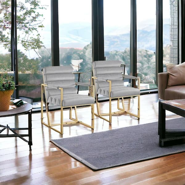 HomeRoots Tufted Gray And Gold Upholstered Velvet Arm Chair (Set of 2)