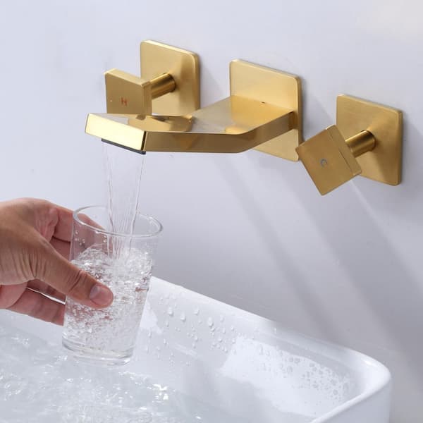 Double Handle Wall Mounted Bathroom Vessel Sink Faucet with Brass Valve and Waterfall Spout in Gold