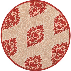 Courtyard Natural/Red 5 ft. x 5 ft. Round Floral Indoor/Outdoor Patio  Area Rug