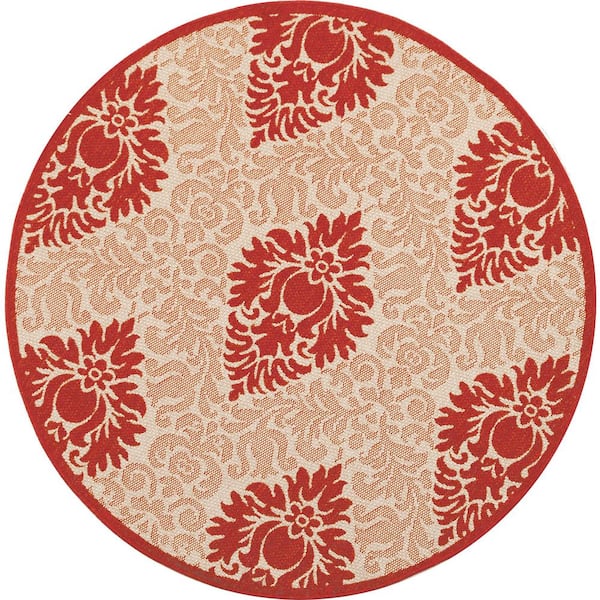 SAFAVIEH Courtyard Natural/Red 5 ft. x 5 ft. Round Floral Indoor/Outdoor Patio  Area Rug
