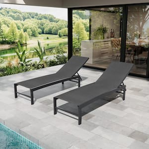 2-Piece Metal Outdoor Chaise Lounge with Adjustable Backrest Lounge Chair with Textilene Fabric in Black
