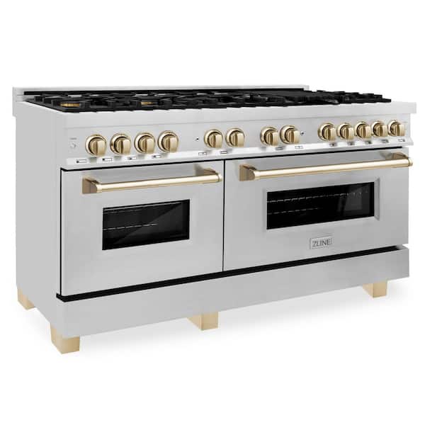 ZLINE Kitchen and Bath Autograph Edition 60 in. 9 Burner Double Oven Dual Fuel Range in Stainless Steel and Polished Gold